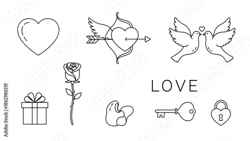 Black and white line art illustrations of love symbols, heart, doves, rose, gift, key, lock, and heart shapes on white background with valentines day