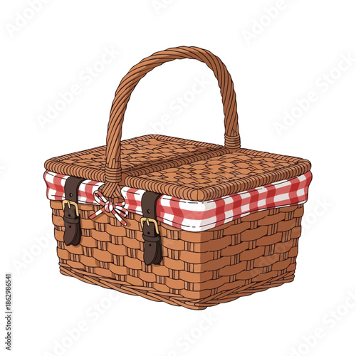A detailed, vector illustration of a traditional wicker basket with a handle