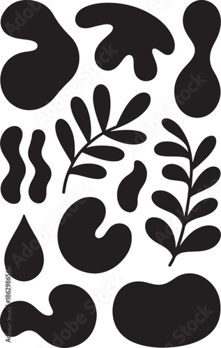 A collection of abstract black shapes and leaves on white