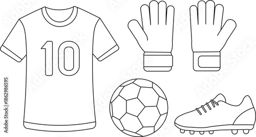Soccer equipment illustration including jersey gloves ball and cleats