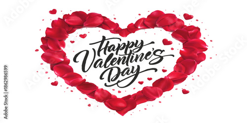 Red heart frame made of petals, a romantic vector illustration for a Valentine's Day card design