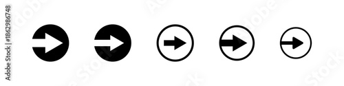 Collection of modern right arrow icons in circles, various styles for forward navigation