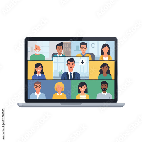 A laptop screen displays a virtual meeting with nine diverse individuals