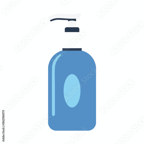 A blue lotion bottle with a pump, and a light blue oval on its surface