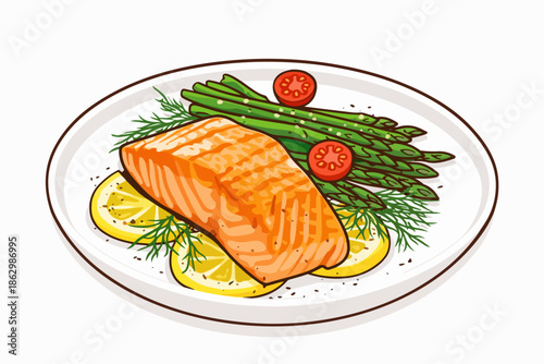 A healthy dinner prepared with grilled salmon fish and fresh asparagus.