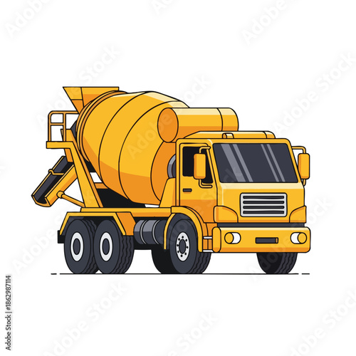 An illustrated yellow concrete mixer truck against a white background
