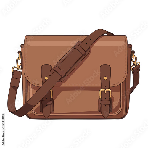 A brown leather satchel with brass hardware, shoulder strap, and front buckle closures