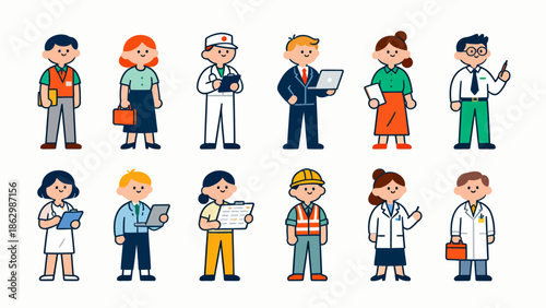 Illustrated workers in various professions