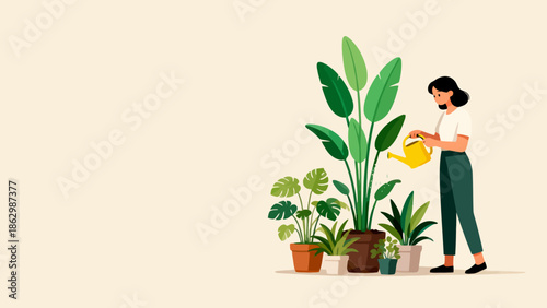 Woman watering plants in pots