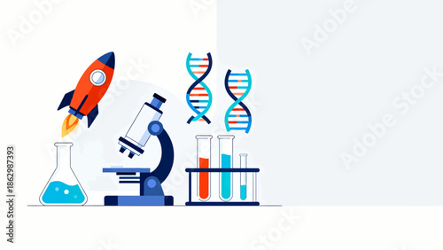 Science research lab with microscope and DNA
