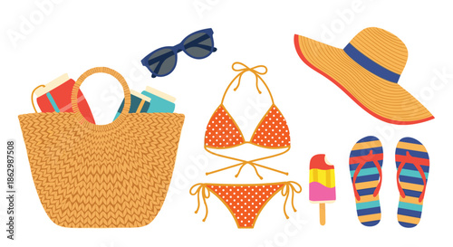 Selection of summer beach essentials including a straw bag, sunglasses, polka dot bikini, sun hat, flip-flops, and a popsicle.