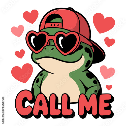 A cool anthropomorphic frog wearing a red baseball
cap backwards and oversized heart-shaped sunglasses, Valentine streetwear aesthetic, flat illustrated style