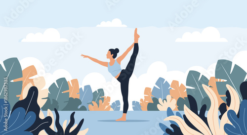 Woman performing a yoga pose in a lush tropical garden with stylized plants and soft clouds in the background.