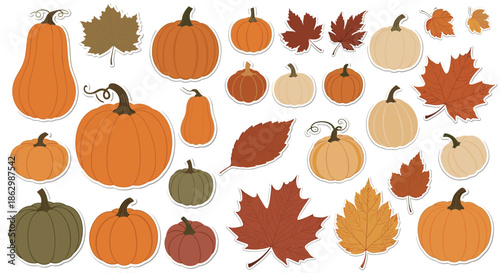 Large collection of autumn stickers featuring various pumpkins, gourds, and colorful maple leaves for fall decorations.