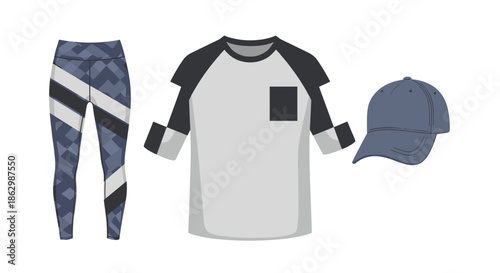 Men's sportswear outfit consisting of a grey raglan t-shirt, patterned geometric leggings, and a matching baseball cap.