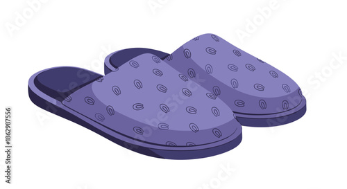 Pair of purple house slippers with a small horseshoe pattern and dark purple soles shown in a 3D isometric view.