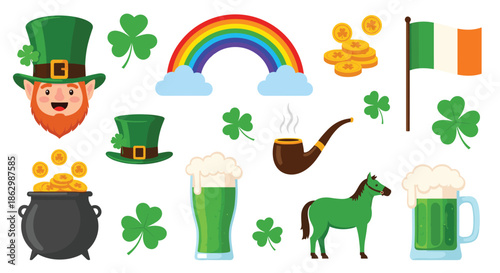 Collection of St. Patrick's Day symbols including leprechaun, shamrocks, rainbow, pot of gold, green beer, and Irish flag.