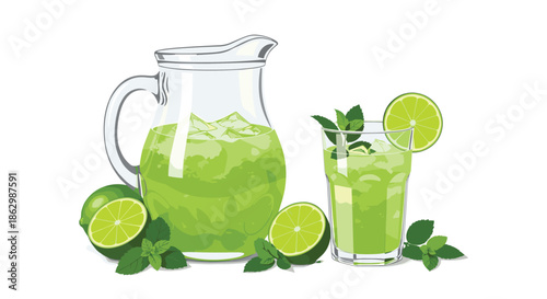Refreshing limeade in a large glass pitcher and a single glass garnished with lime slices and fresh mint leaves.