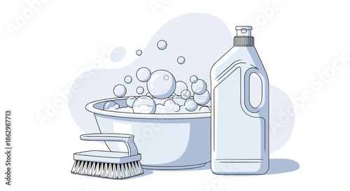 Line art illustration of cleaning supplies featuring a basin with soap bubbles, a bottle of detergent, and a scrub brush.