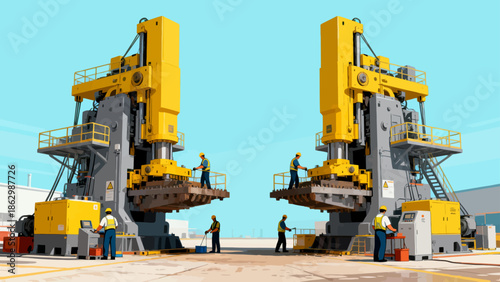 Workers operating large industrial machines