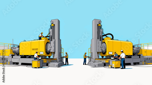 Workers operating industrial machines