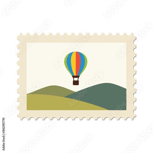 A postage stamp featuring a colorful hot air balloon over rolling green hills