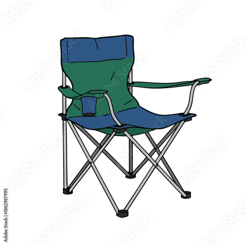An illustrated folding camping chair with green and blue fabric and armrests