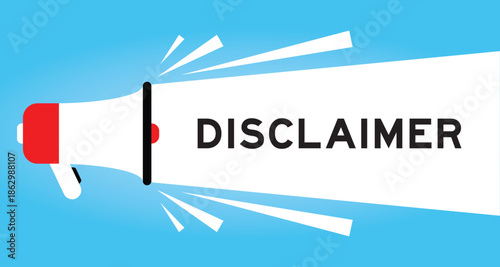 Color megaphone icon with word disclaimer in white banner on blue background