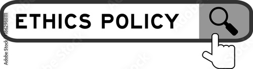 Search banner in word ethics policy with hand over magnifier icon on white background