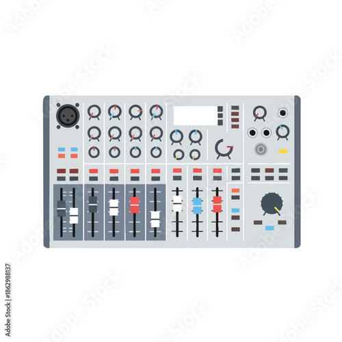 Flat illustration of a sound mixing console with sliders and knobs