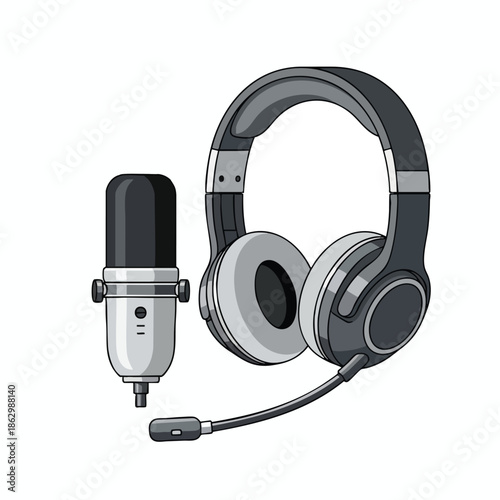 Illustration of a condenser microphone and over-ear headphones with mic on white background