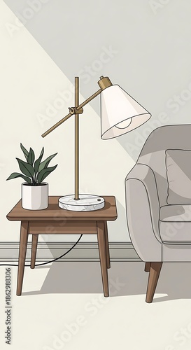 Cozy Reading Nook - Lamp, Plant, and Armchair Illustration.