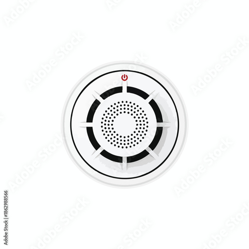 A circular white smoke detector with a power indicator and black design