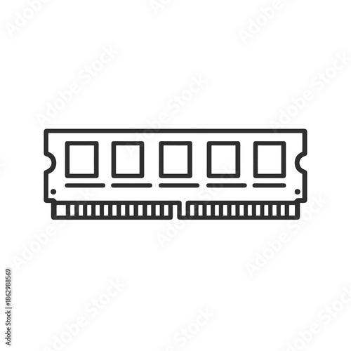 Computer RAM module icon with precise geometry in black flat vector style. Clean memory hardware symbol for apps, websites, and enterprise interfaces.
