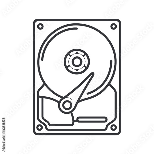 HDD storage icon with visible platter in black flat vector style. Clean computer hardware symbol for apps, websites, and enterprise technology interfaces.