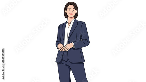 Professional businesswoman in a sleek dark suit, standing confidently, an ideal vector illustration for corporate presentations and modern business communications