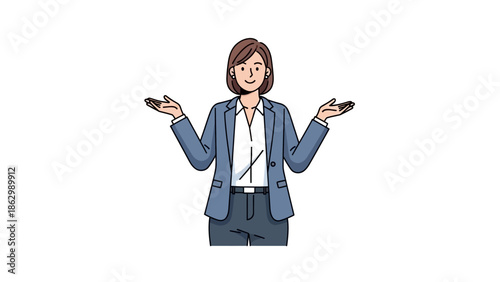 Confident young professional woman in business attire making an open-hand gesture, expressing uncertainty, asking for options, or seeking a decision