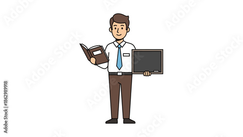 Professional male teacher or lecturer character illustration holding a book and blackboard, representing education, learning, and academic instruction