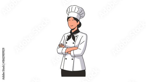 Professional chef wearing a toque blanche, arms crossed, in a culinary uniform, conveying expertise and readiness in the kitchen