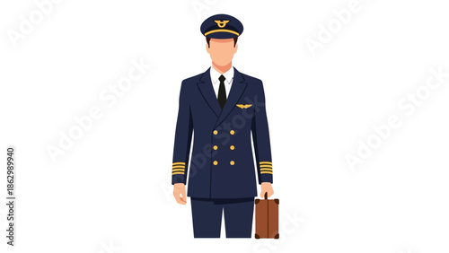 Male pilot in sharp uniform with cap and briefcase. Vector illustration representing aviation careers, global travel, and air transport industry
