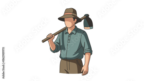 Vector illustration of a skilled farmer or gardener carrying a hoe, representing dedication to agricultural work, cultivation, and sustainable rural practices