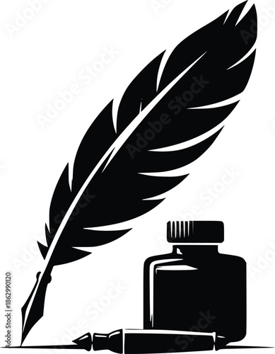 A classic still life featuring a quill pen and inkwell in monochrome