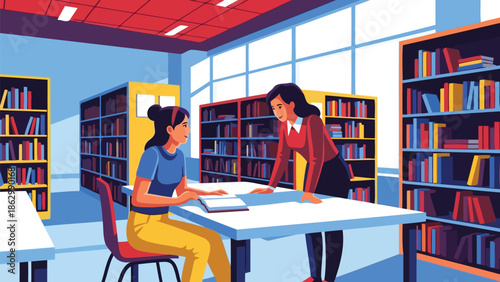 Flat vector illustration of teacher helping male student studying in library