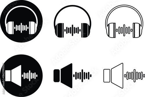 Audio & Sound Icons Set – Headphones and Speaker with Waveform Symbols.