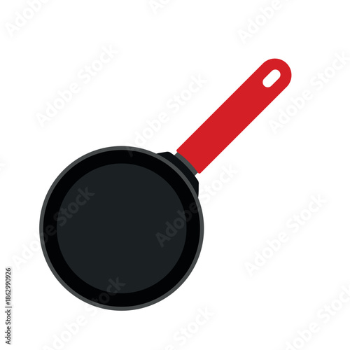 Frying Pan with Red Handle in Top View for Kitchen Utensil Icon Illustration