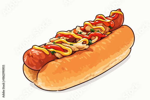 Hot dog feast in fresh bread decorated with sauces that whet the appetite of those who are hungry.