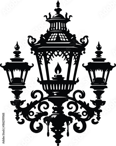 An ornate black and white illustration of a vintage street lamp design