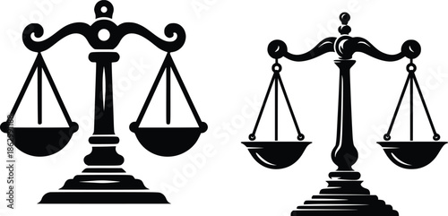 A simple black and white illustration of scales of justice