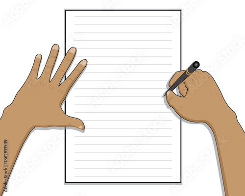 Vector illustration design of two hands, the right hand is holding a blank white lined paper, while the right hand is holding a writing tool and appears to be writing something.