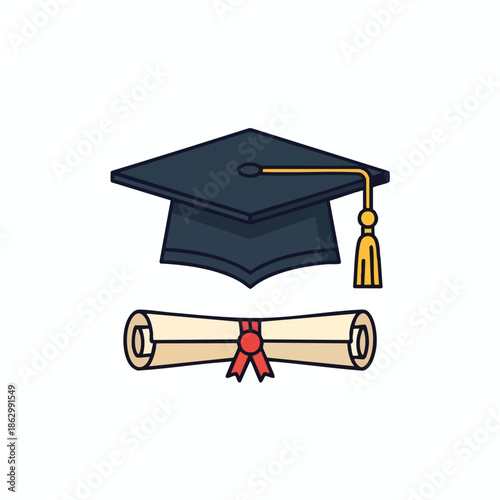 A graduation cap and scroll are depicted with a ribbon
